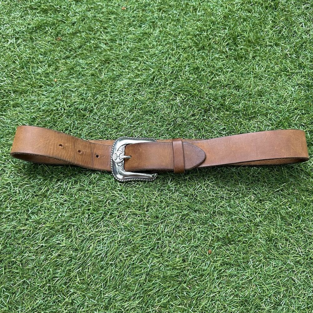 Justin Belt Leather Top Grain Size 30 Brown Silver Buckle Made In USA